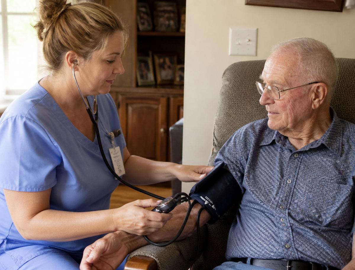 A registered nurse in blue scrubs checks the blood pressure of an elderly man seated in his home.